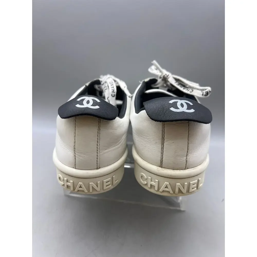 CHANEL CC Logo G34085 White Leather Low Top Lace-Up Sneaker Shoes Size EUR 38